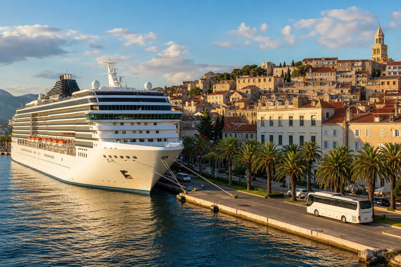 Forfait croisière terre et mer avec navire, port et ville méditerranéenne