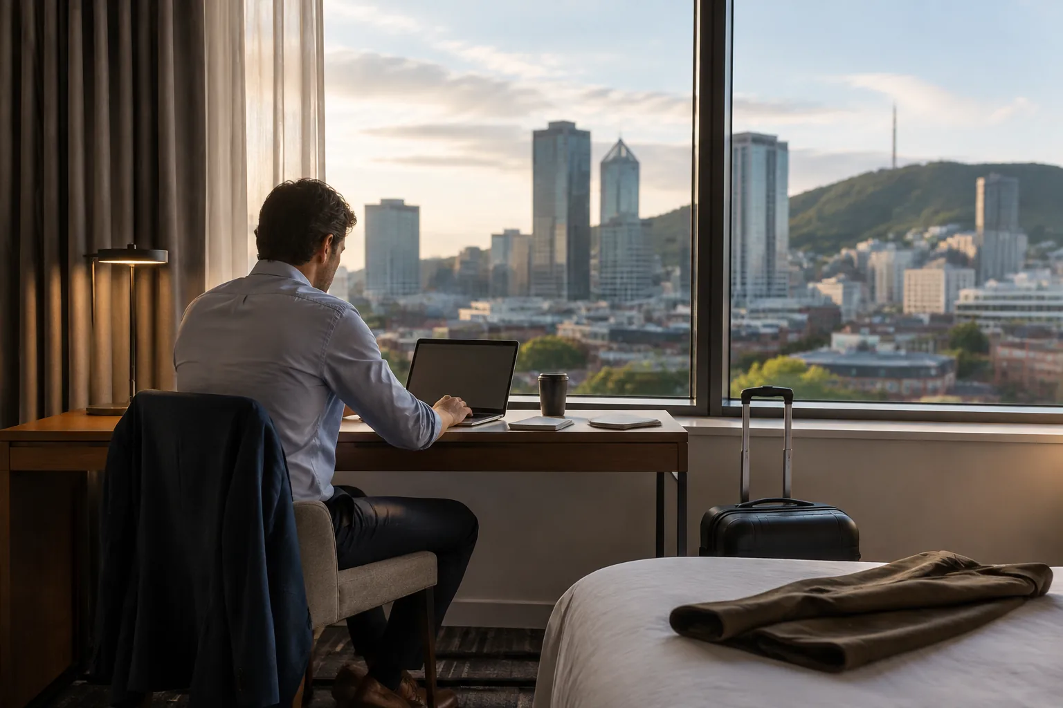 Travail sur ordinateur portable dans une chambre d’hôtel avec vue sur la ville