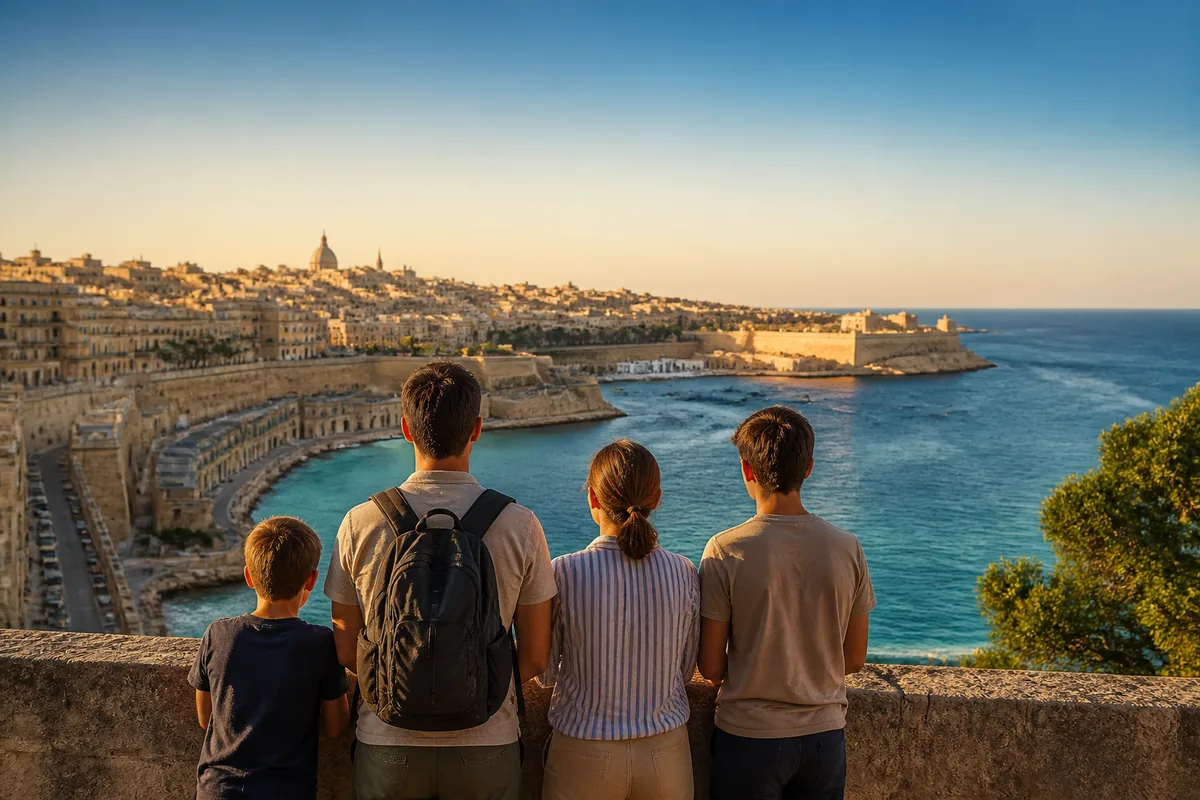 Famille vue de dos observant une ville côtière durant un voyage