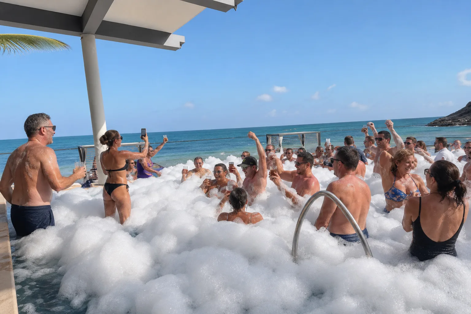 Foam party entre adultes dans une piscine face à la mer pour des vacances festives entre amis